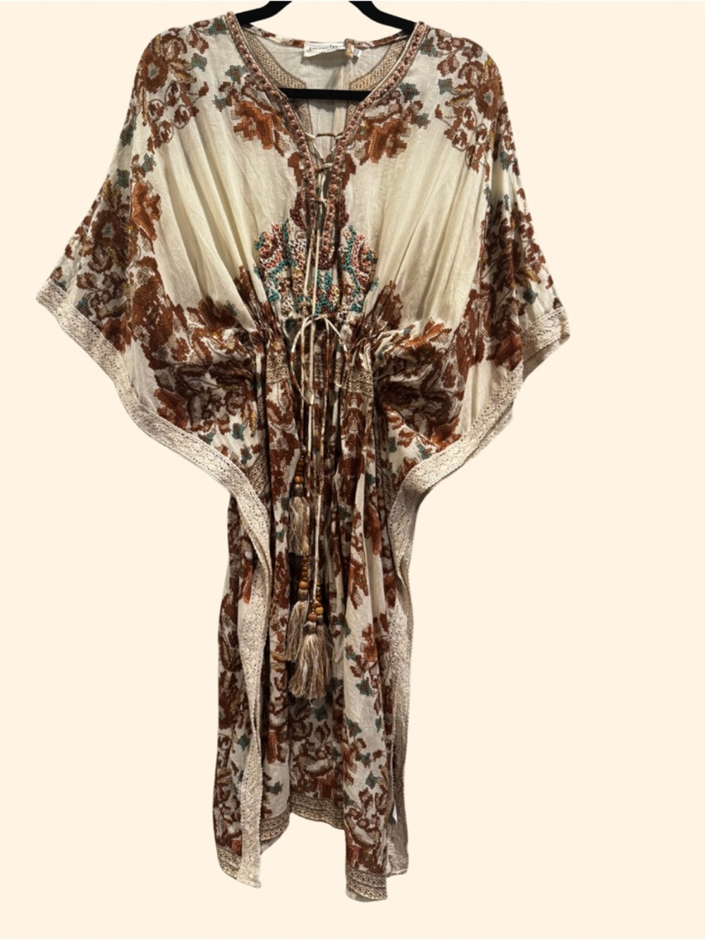 Embroidered Boho Cover Up in Cream and Brown